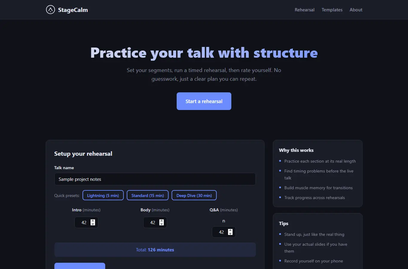 Screenshot of StageCalm - Speaking Rehearsal Timer interface showing the project page in use